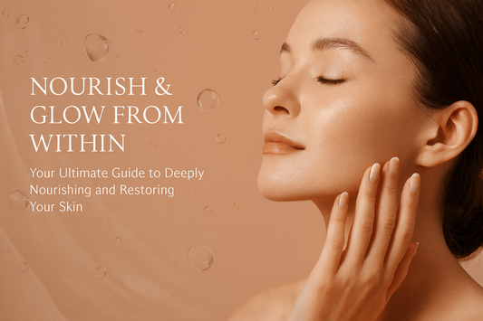 Deep Nourishment & Skin Restoration skincare banner showing glowing hydrated skin with soft nude tones and minimal text