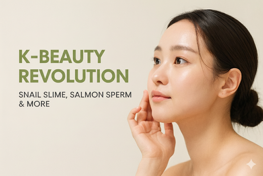 K-Beauty Revolution banner with model showing glowing skin and text about snail mucin and salmon PDRN skincare trend