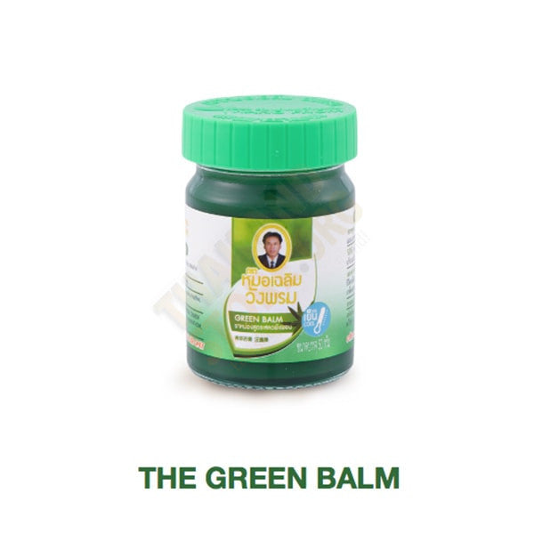 Wangphrom Green Balm 50g jar front view Thai herbal balm for pain relief