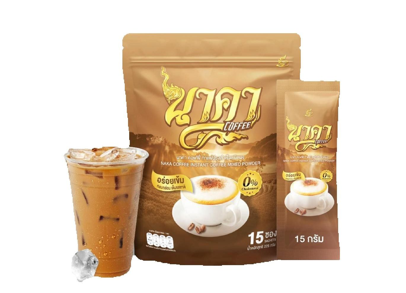 Naka Instant Coffee sachets with serving glass and product packaging