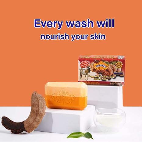 Asantee Tamarind Goat Milk Soap 125g bar with tamarind pod and goat milk, promoting skin nourishment and cleansing.