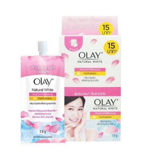 Olay Natural White Pinkish Fairness UV Protection Cream 7.5g sachet with packaging, suitable for all skin types.