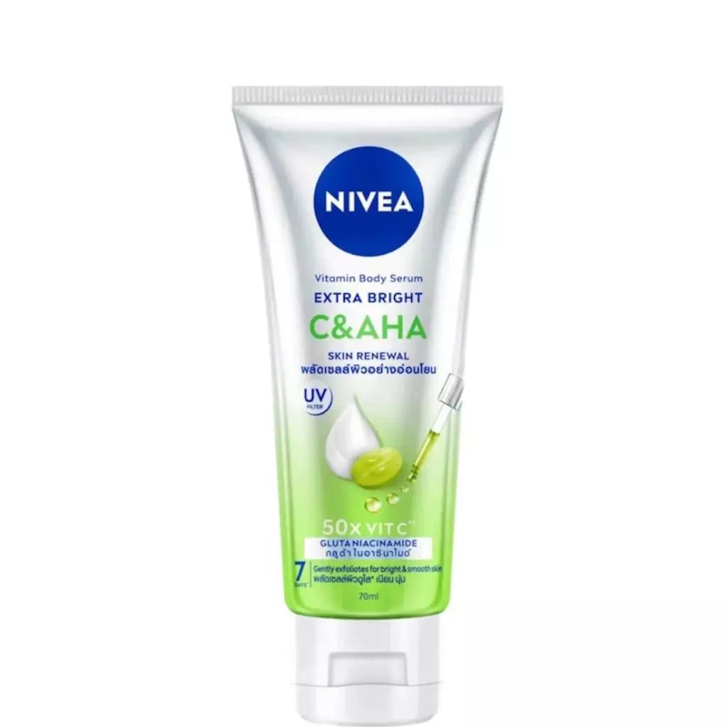 Nivea C AHA Body Serum tube for extra bright skin renewal with glutathione and niacinamide, 70ml.