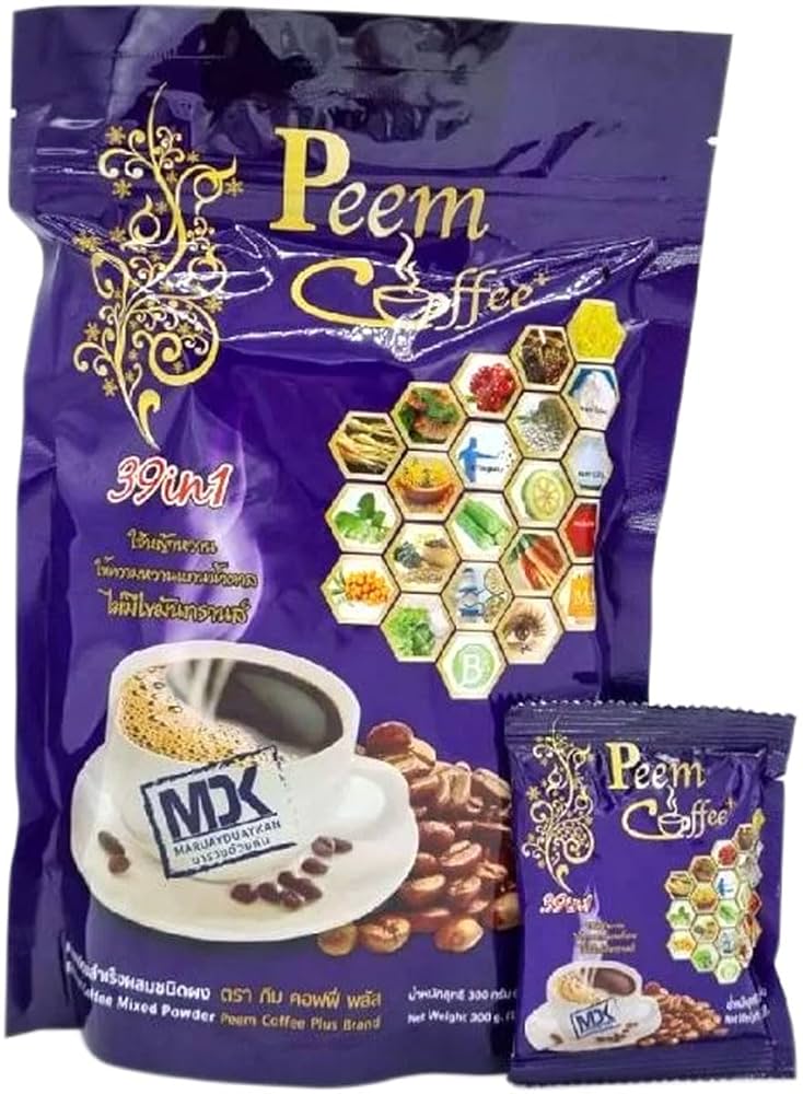 Peem Coffee Herbs 39 In 1 coffee mix showing sachets and product packaging