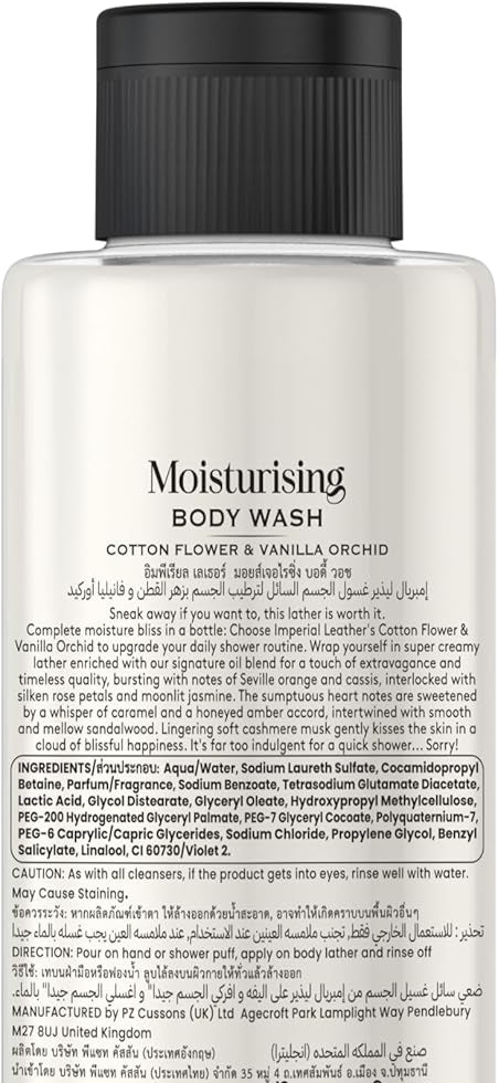 Imperial Leather Body Wash Cotton Flower & Vanilla Orchid 500ml moisturizing shower gel bottle with label details.