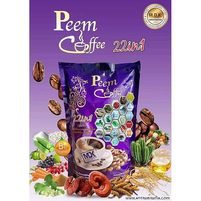 Peem Coffee Herbs 39 In 1 instant coffee bag with herbal ingredient illustrations