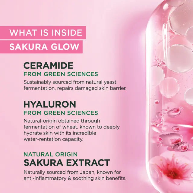 Garnier Sakura Glow Super Whip Cleanser ingredient highlight hyaluron ceramide formula