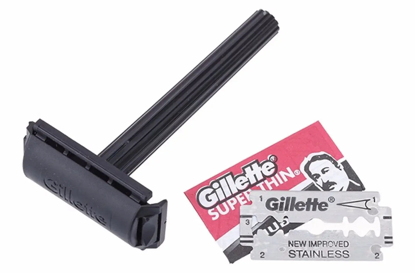 Traditional double edge safety razor displayed with Gillette Super Thin razor blades