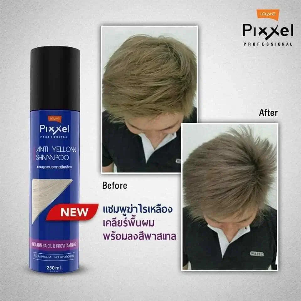 Lolane Anti Yellow Shampoo before and after use, showcasing vibrant results on blonde hair.