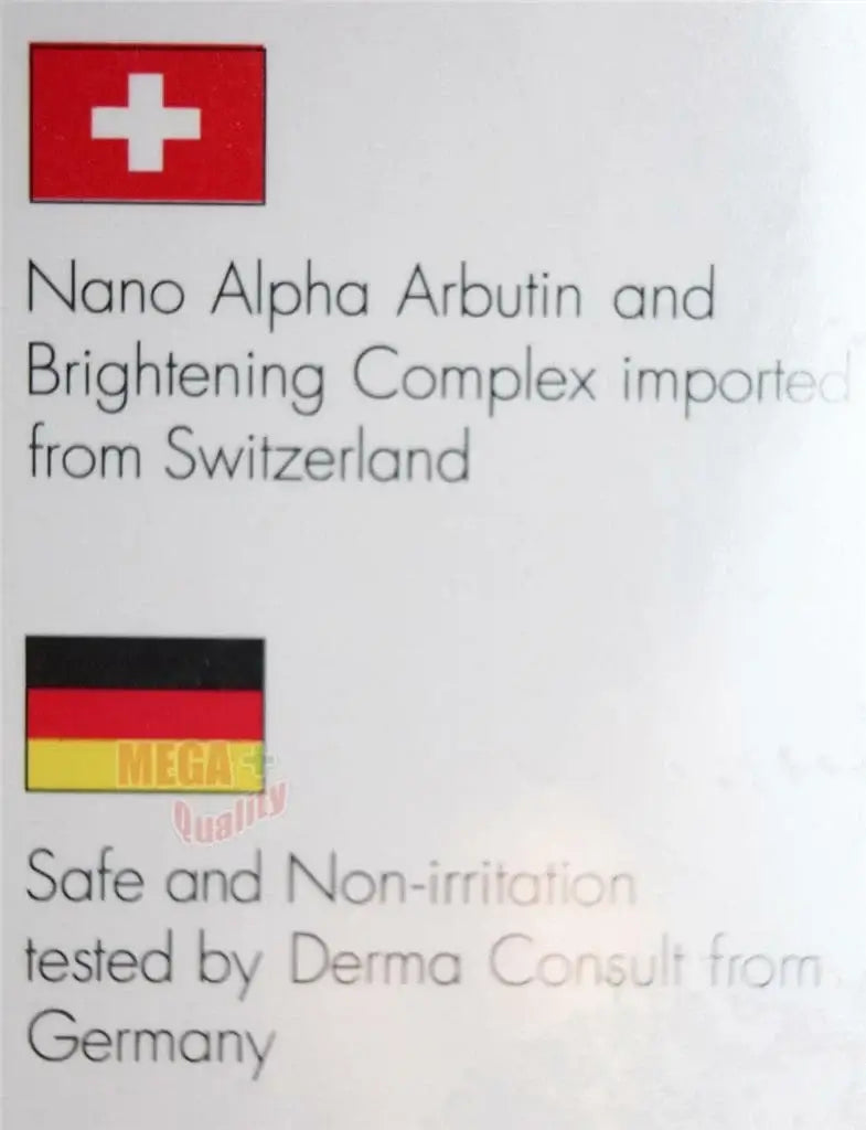 Image showing flags of Switzerland and Germany, highlighting Nano Alpha Arbutin and safety testing for MelaKlear Brightening Cream.