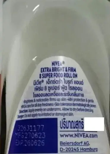 Nivea Extra Firm Roll On back label details showing usage directions and formula info