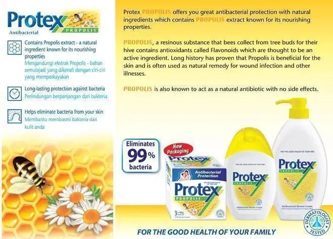 Protex Propolis Soap Antibacterial Body Bath Bar 60g 2 Pack Product Features and Ingredients Panel
