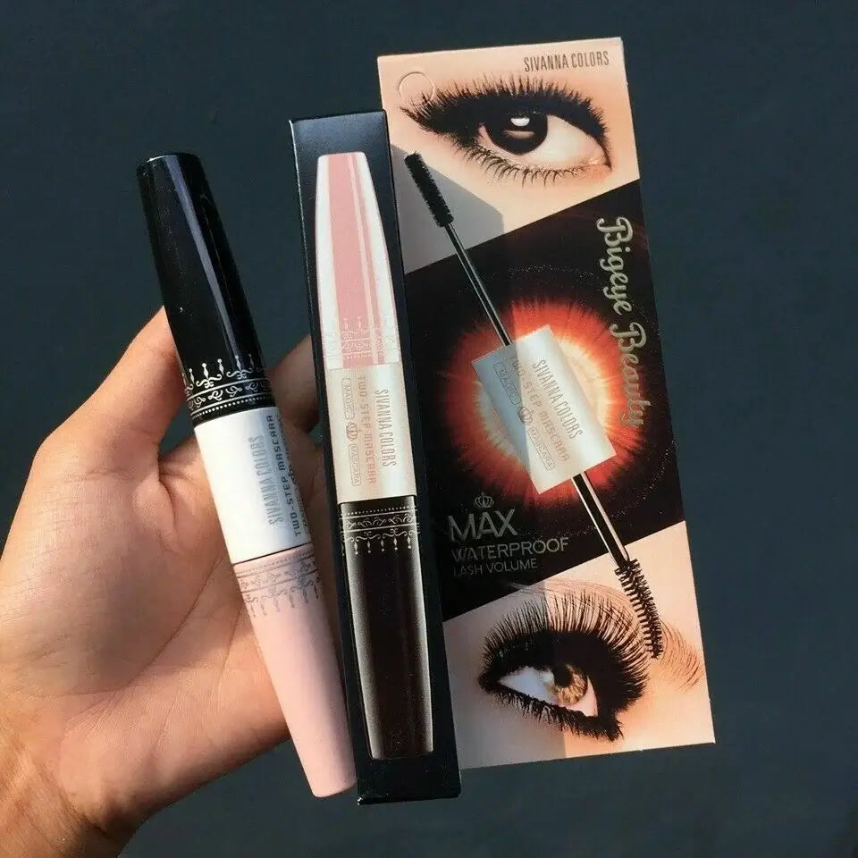SIVANNA Two Step Mascara COLORS MAX WATERPROOF Lash Volume product packaging and brushes held by hand.