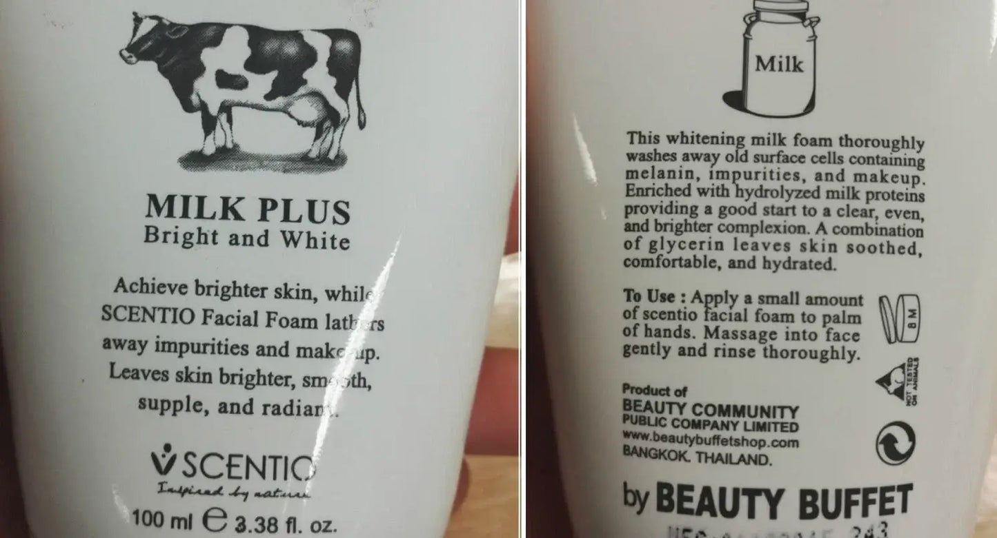 Close-up split image of Scentio Milk Plus Facial Foam English text labels on the back of the packaging.