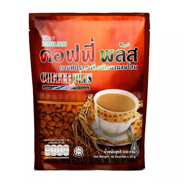 Zhulian Coffee Plus Instant Coffee with Ginseng red bag 40 sachets front view