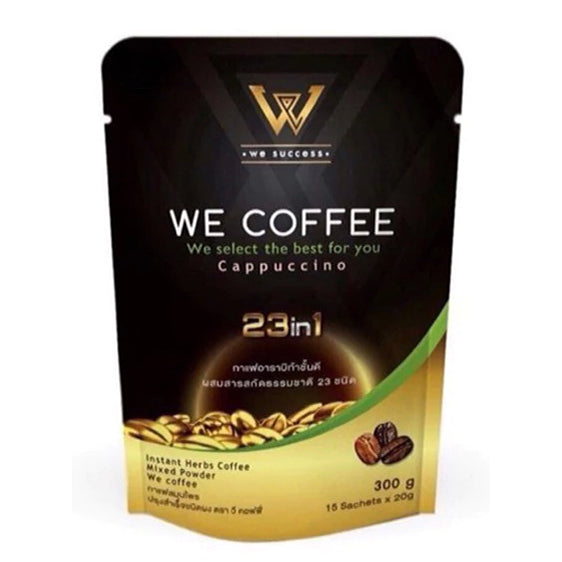 WE Coffee 23 in 1 instant coffee front packaging with black and gold design.