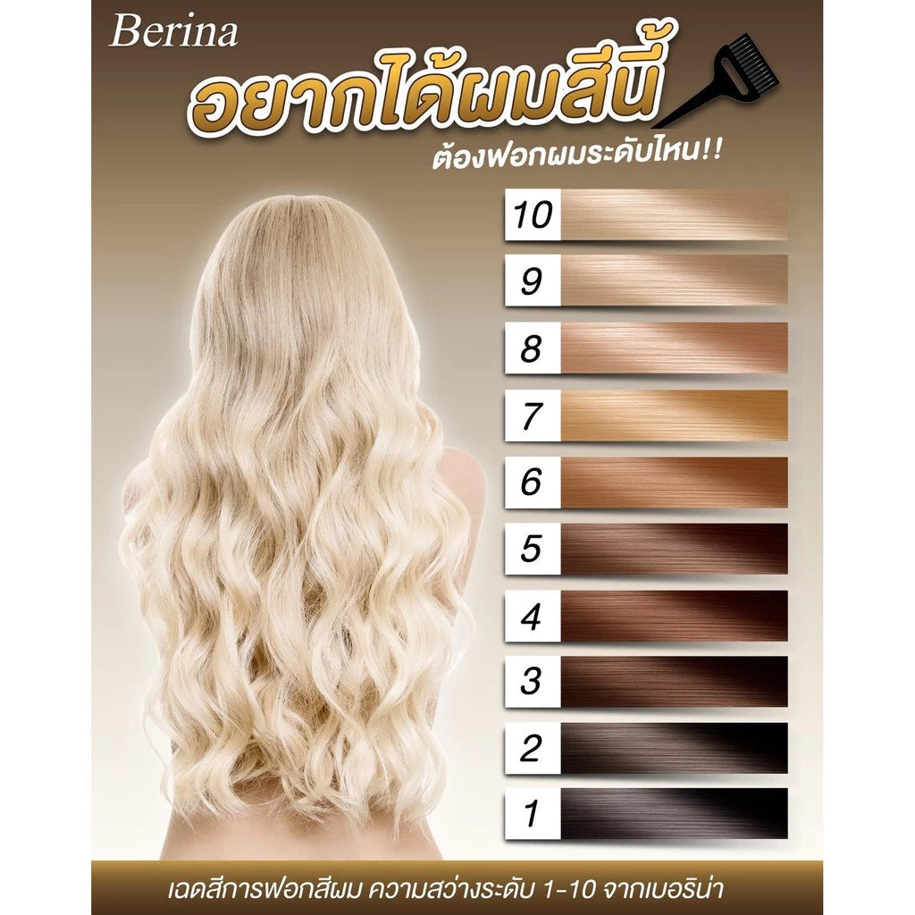 Berina A33 Hair Color showcasing a model with long, wavy light blonde hair beside a color chart.