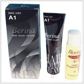 Berina Permanent Hair Color Cream A01 Black tube with developer bottle set