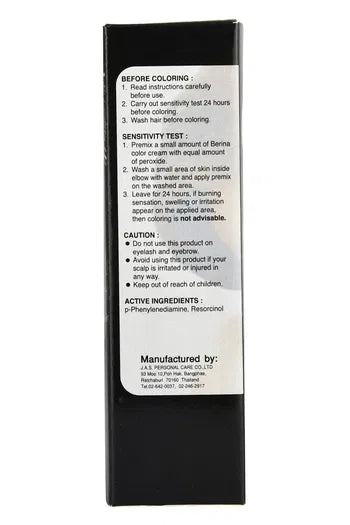Berina Permanent Hair Color Cream A01 Black box back label showing product ingredients and details
