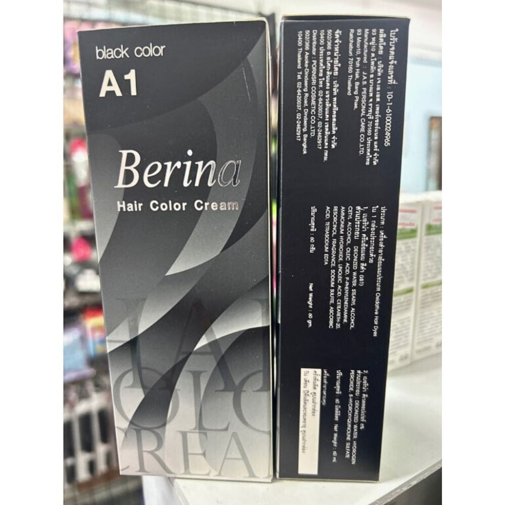 Backside of Berina Permanent Hair Color Cream A01 Black box showing ingredients and instructions