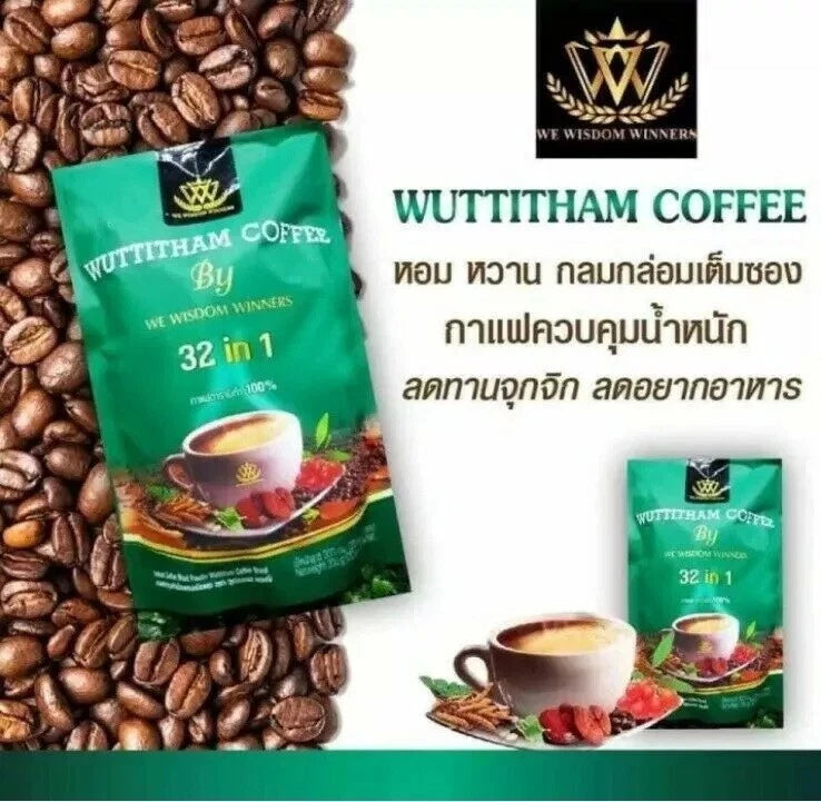 Wuttitham Instant Coffee promotional image with Arabica beans and herbal mix