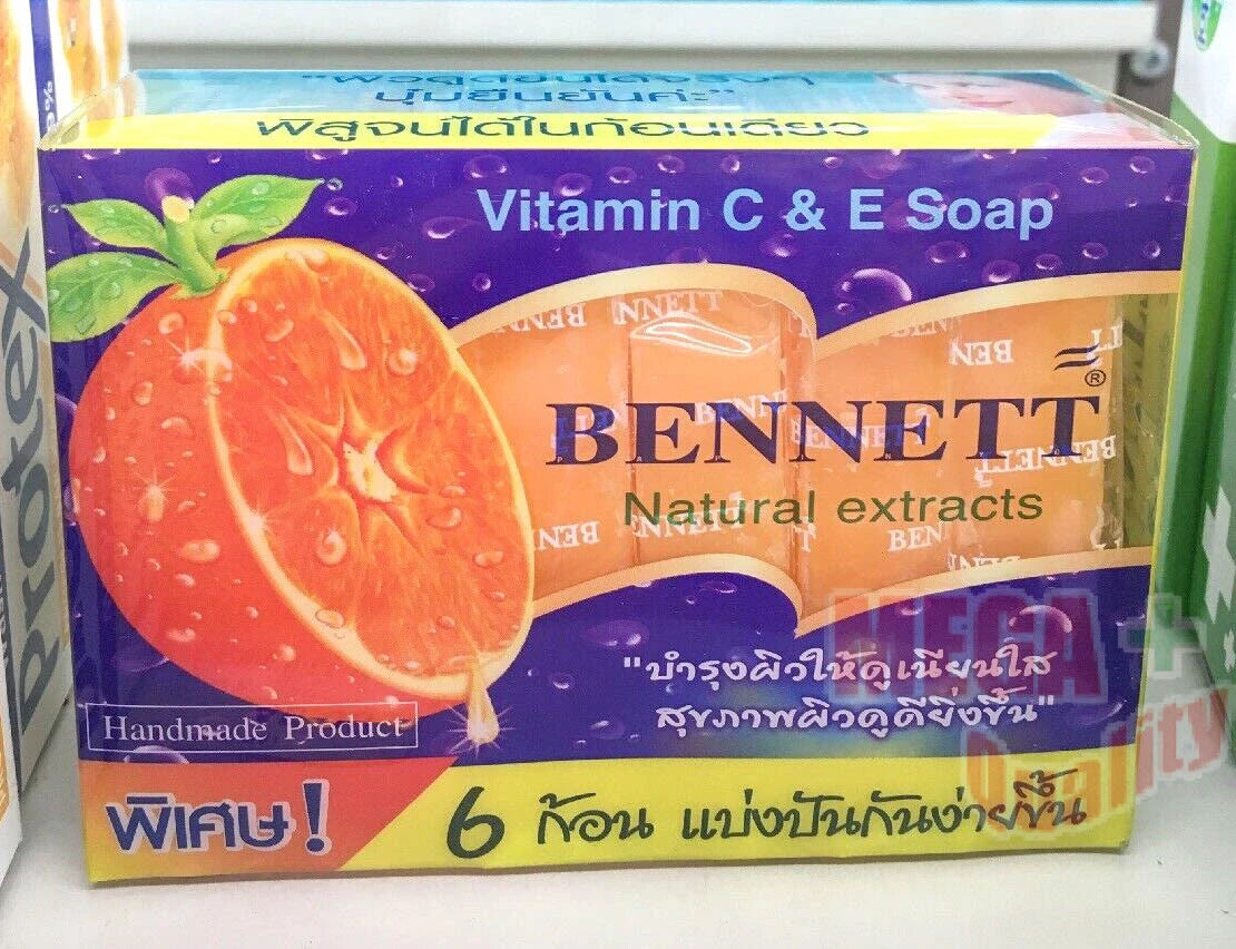 Bennett Vitamin C E Soap Thai natural extracts bar in plastic packaging front and side view