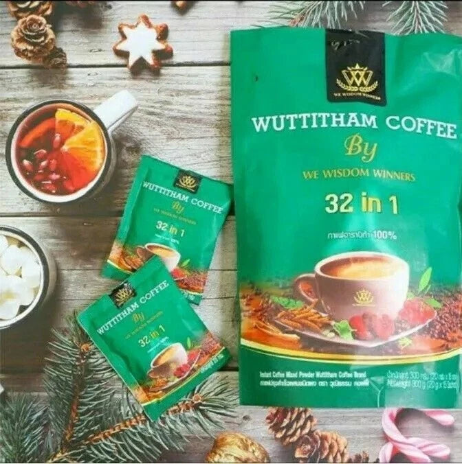 Wuttitham Instant Coffee 22 in 1 green pack with cup of herbal slimming drink
