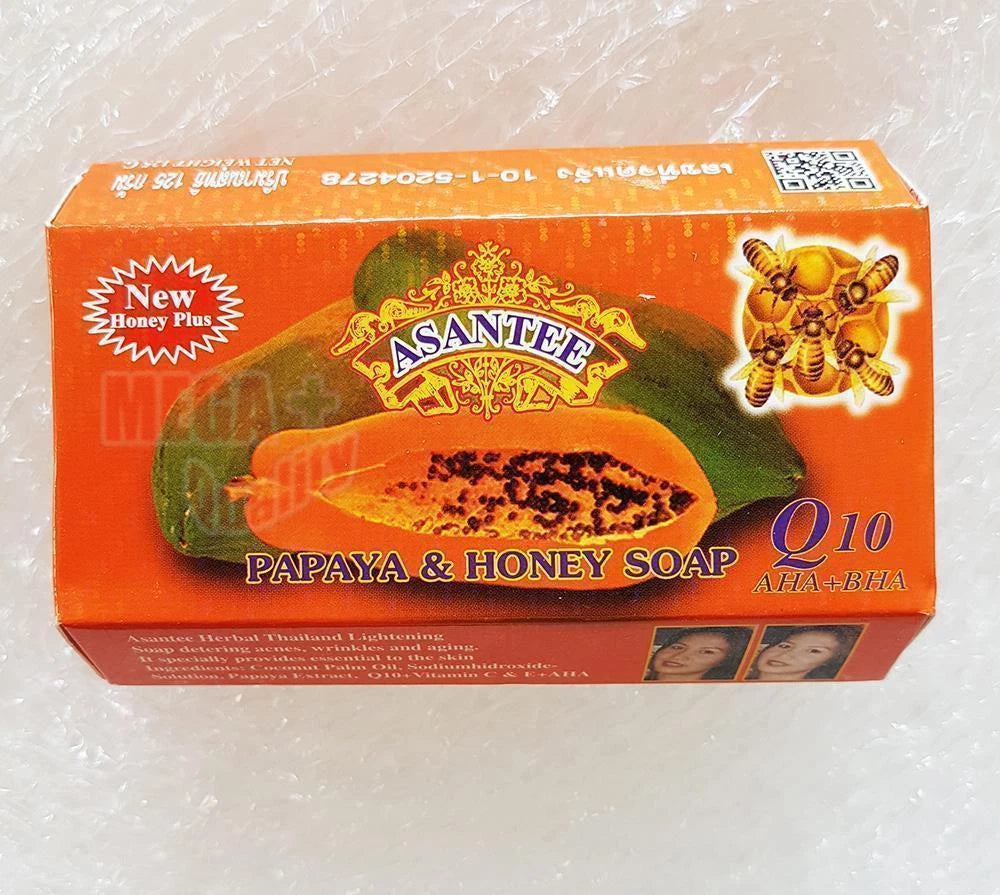 Asantee Papaya Honey Soap 125g front packaging with papaya, honey, Q10, AHA, and BHA brightening formula on white background