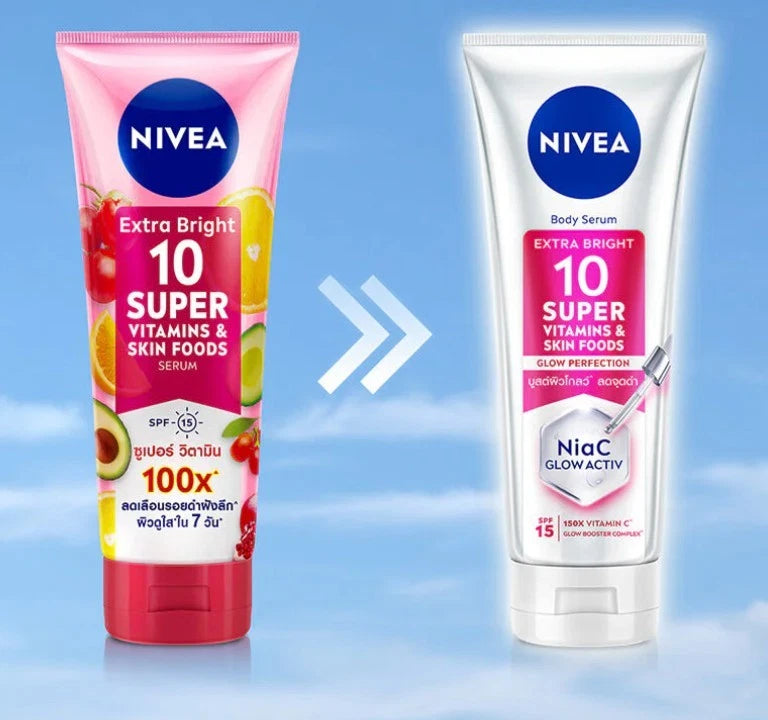 NIVEA Extra Bright Body Serum with 10 Super Vitamins and Skin Foods for glowing skin, SPF 15, before and after comparison.