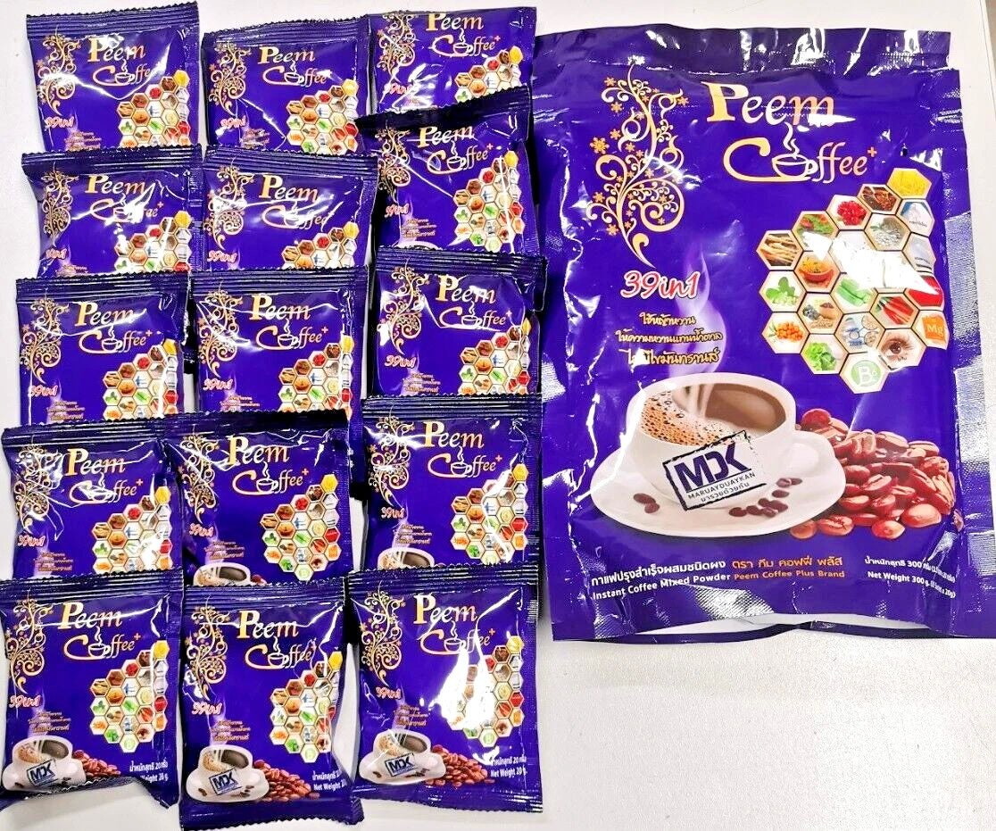 Peem Coffee Herbs 39 In 1 instant coffee set with multiple sachets displayed