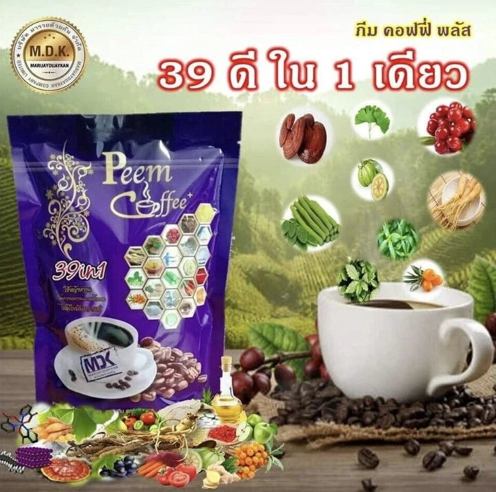 Peem Coffee Herbs 39 In 1 instant coffee pack with herbal ingredients and a coffee cup