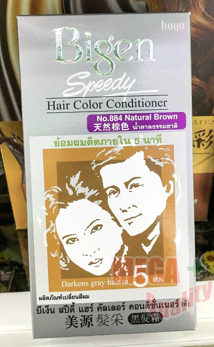 Bigen Speedy Hair Color Dye Conditioner Cream Natural Brown No.884 packaging featuring before and after image.