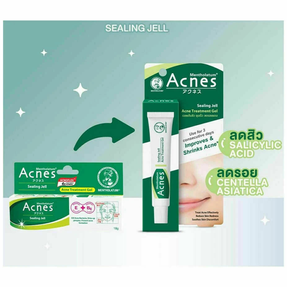 Mentholatum Acnes Sealing Jell acne care gel tube and box product display green background
