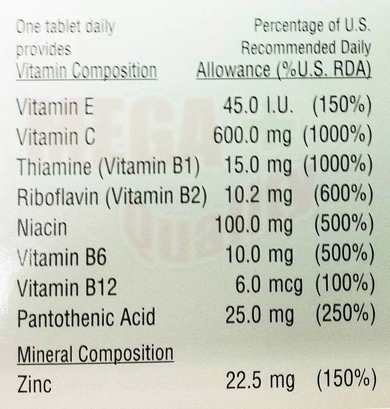 Z-BEC Multivitamins Multimineral nutrition label with full ingredients and dosage info