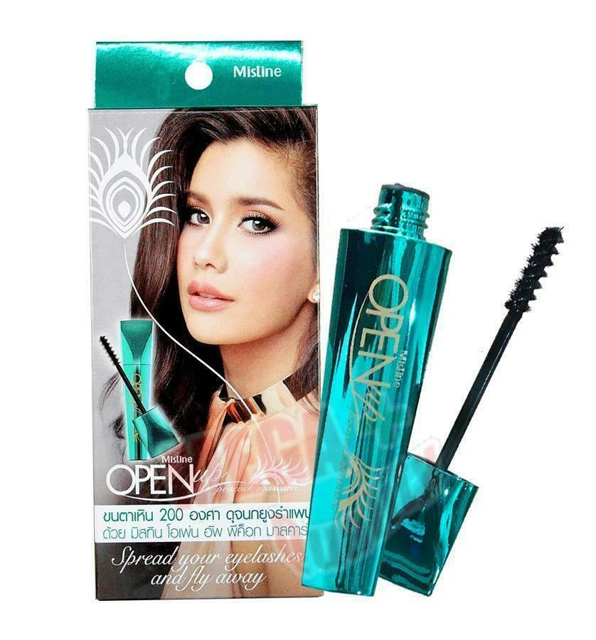Mistine Open Up Peacock Mascara set with tube and brush for volumizing lashes