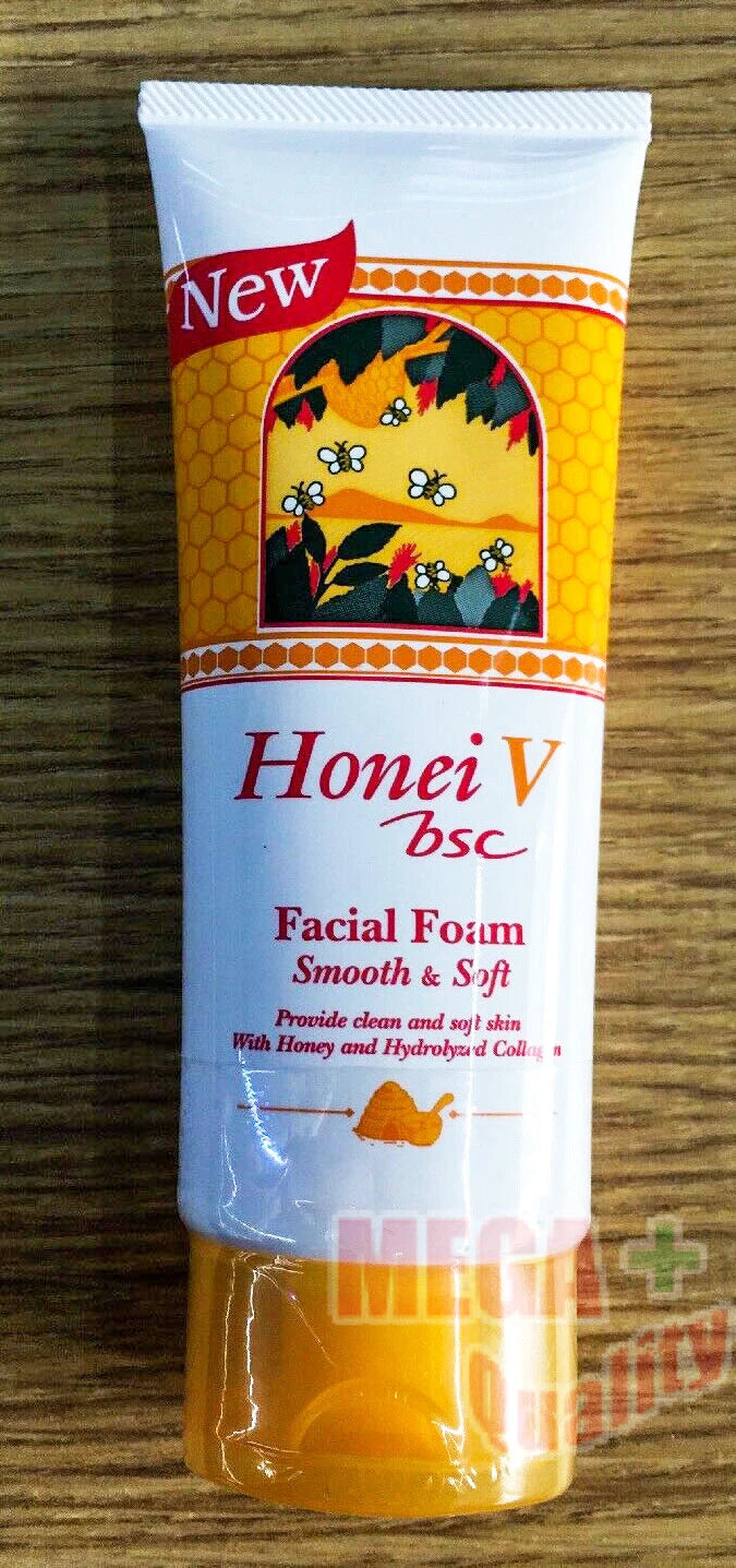 Honei V BSC Facial Foam Smooth Soft Cleanser package showcasing honey and collagen ingredients for gentle skin cleansing.