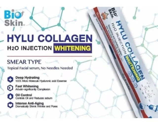 PWP Hylu Collagen Serum whitening anti aging hydration product card with tube shown alongside ingredient benefits