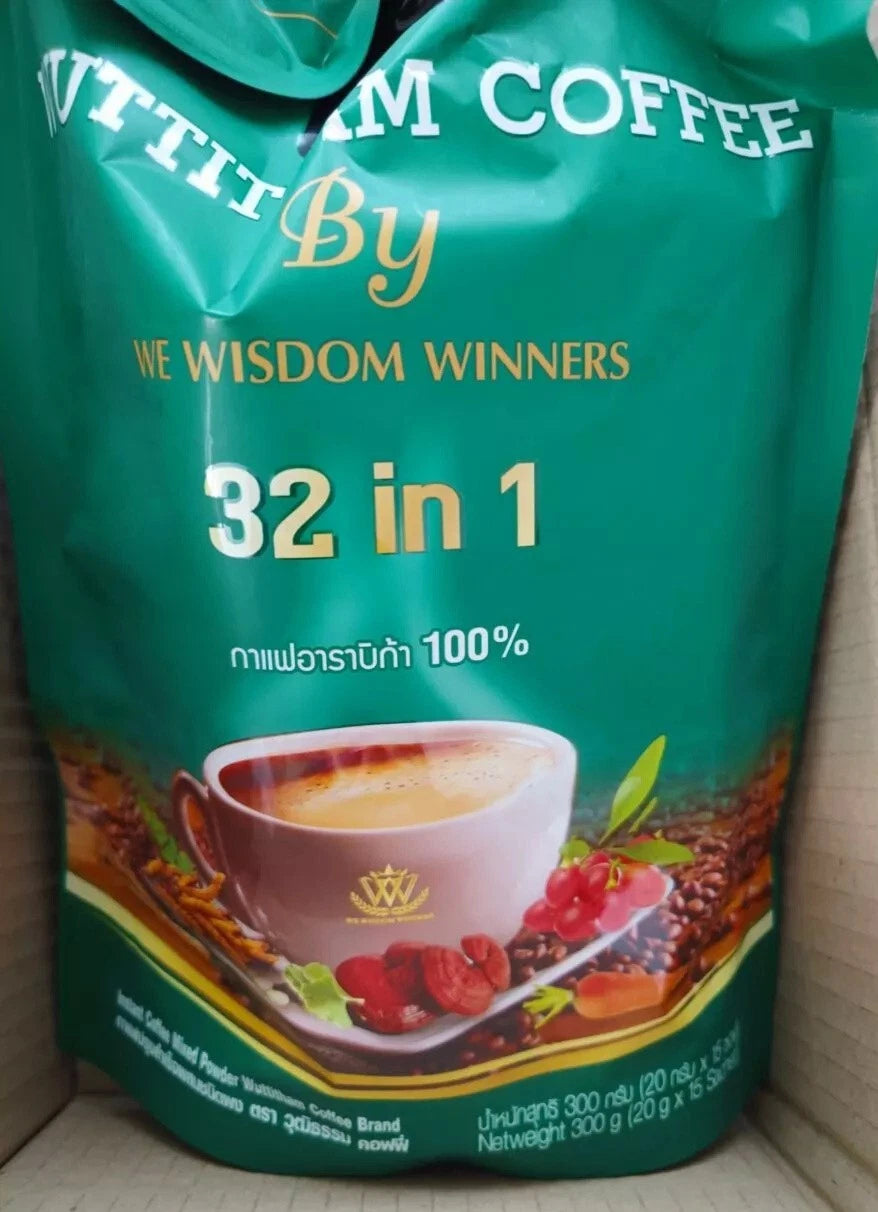 Wuttitham Instant Coffee 32 in 1 green package with Arabica coffee cup and herbal blend design