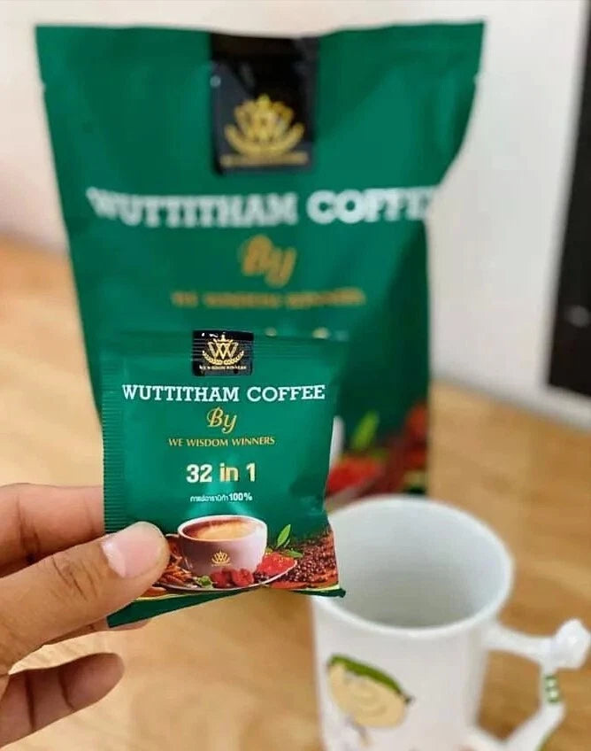 Pouring Wuttitham Instant Coffee into a cup for healthy weight control