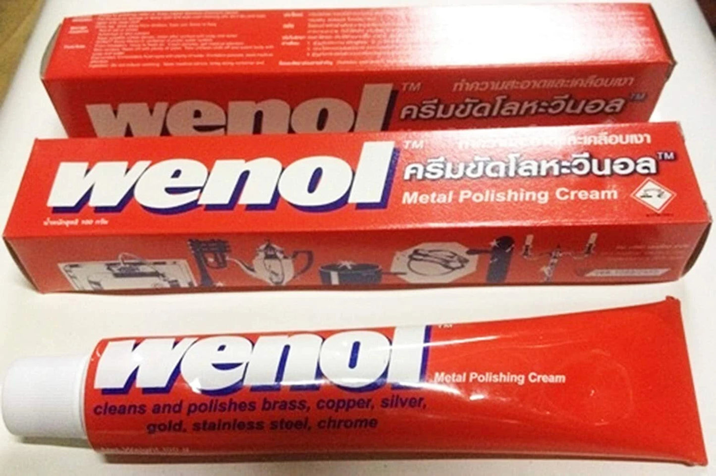 Wenol Metal Polish cream tube with retail box packaging display