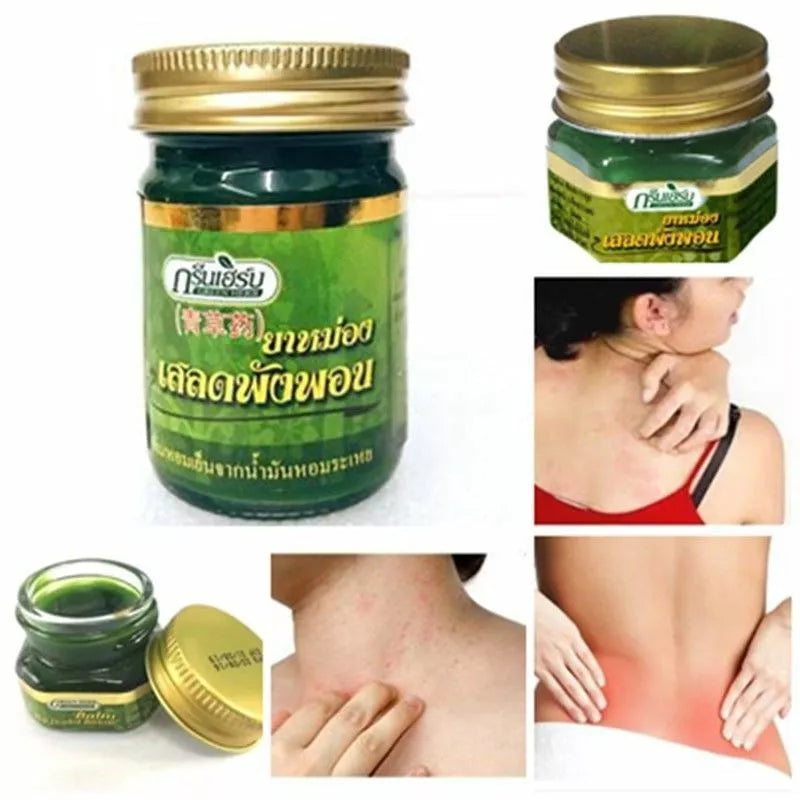 Thai Herbal Balm 50g Hop Headed Barleria Balm jar for muscle pain relief, shown with application on skin.