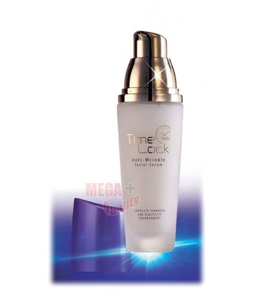 Mistine Time Lock Serum bottle and box placed together on blue platform