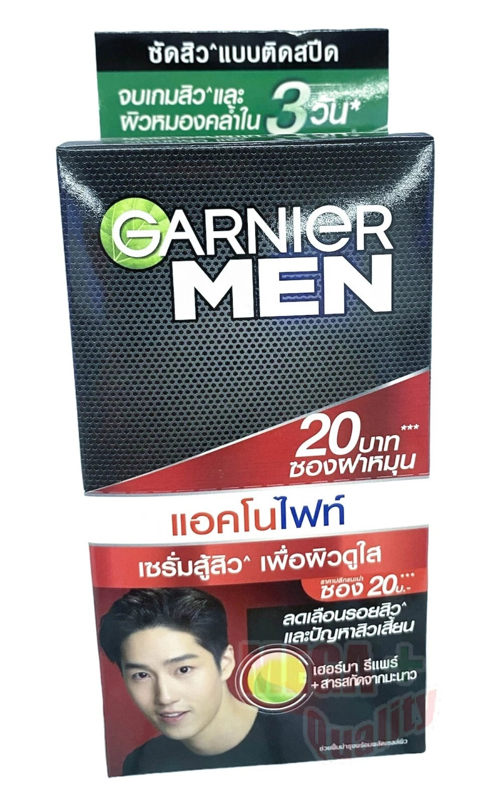 Garnier Men Acnofight Serum Cream box 20 baht pack brightening and anti-acne facial cream for men with model image