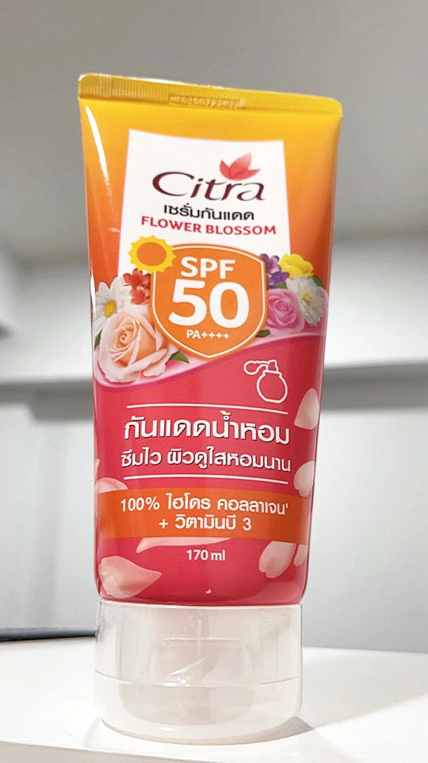 Citra Flower Blossom Serum SPF50 PA++++ 170ml body sunscreen serum with Vitamin B3 on display