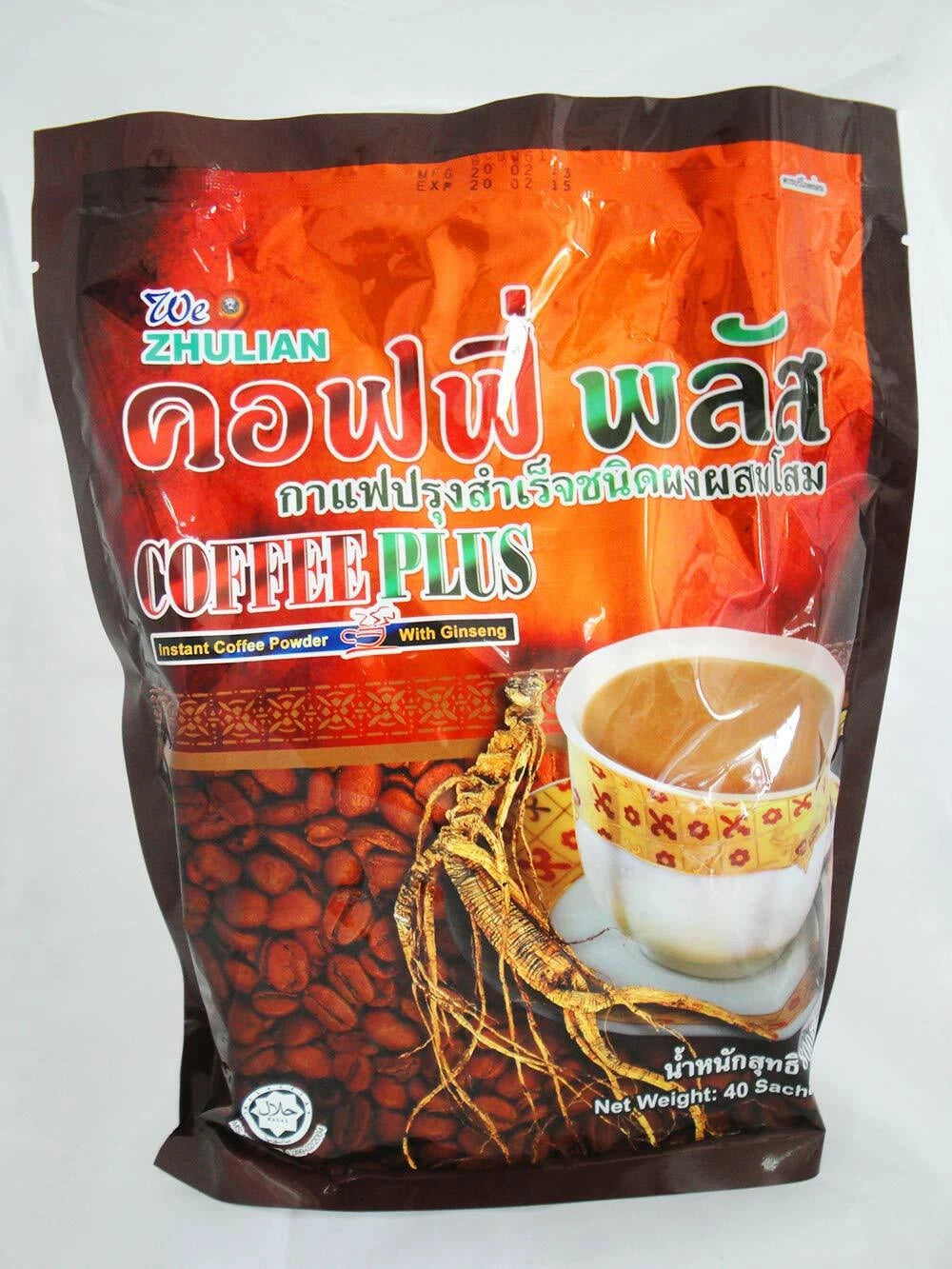 Zhulian Coffee Plus Instant Ginseng Coffee 40 sachets red bag angled front view