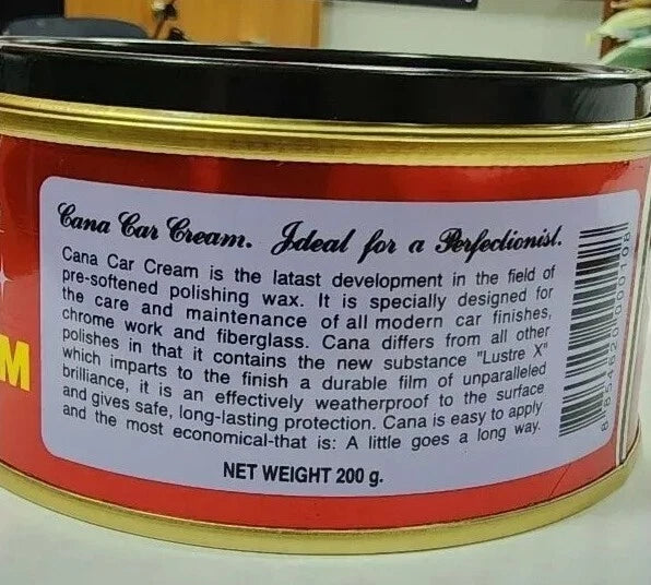 Close-up of Cana Car Cream Wax red container label with usage instructions and description