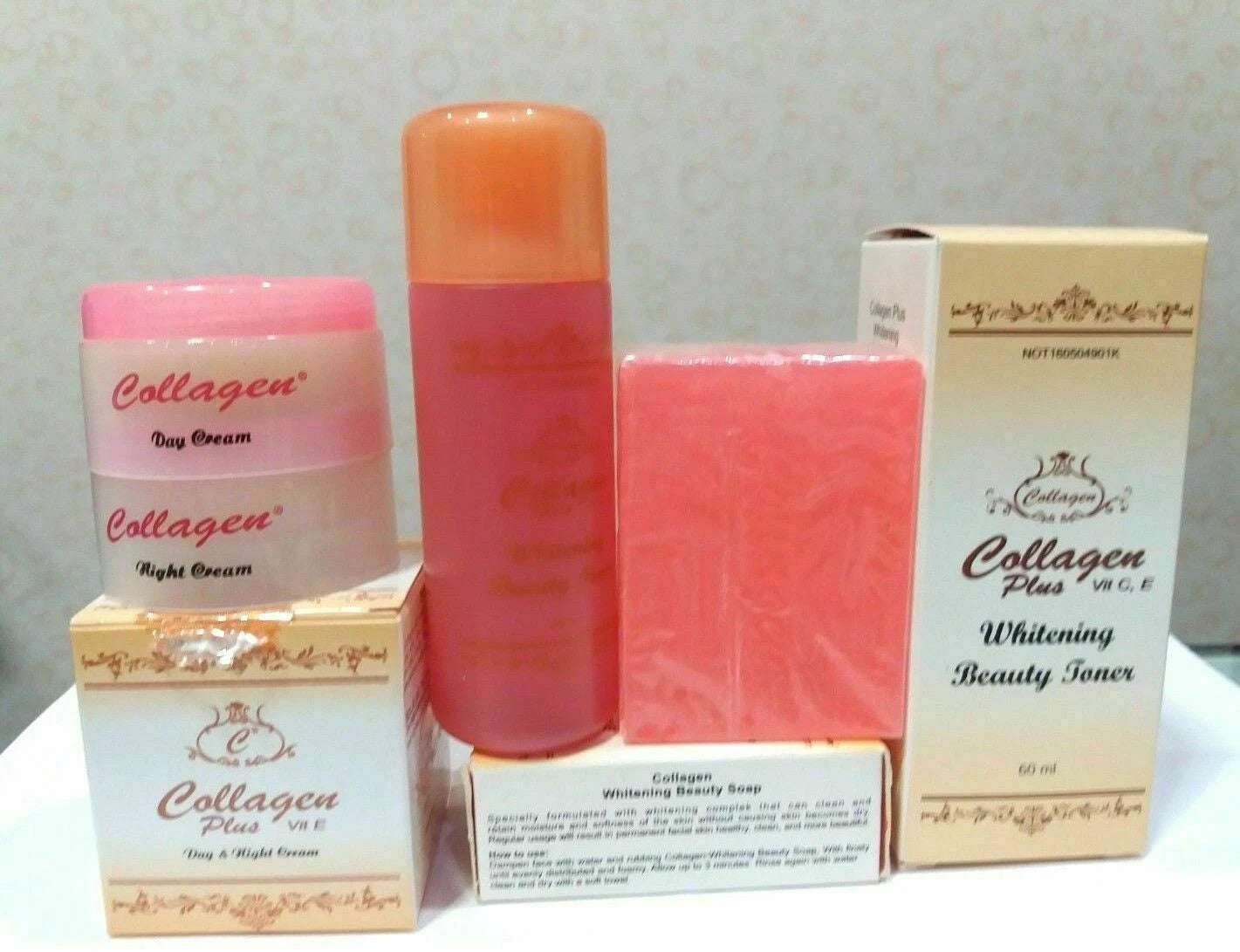 Collagen Plus Skincare Set with toner bottle soap and cream arranged neatly on table