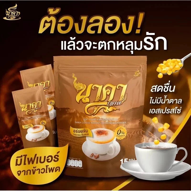 Naka Instant Coffee promotional image showing pack sachets and hot coffee cup with sugar free claim