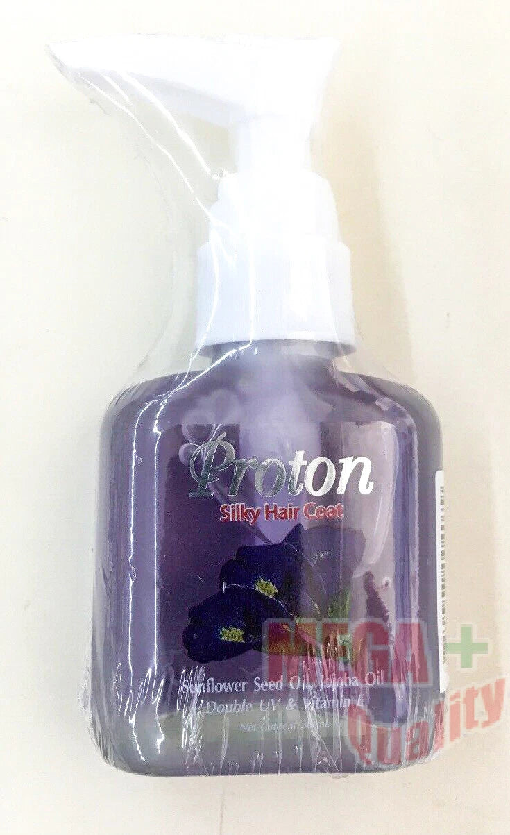 Proton Silky Hair Coat Sunflower Seed Jojoba Oil Vitamin E 85ml Serum bottle with pump dispenser.