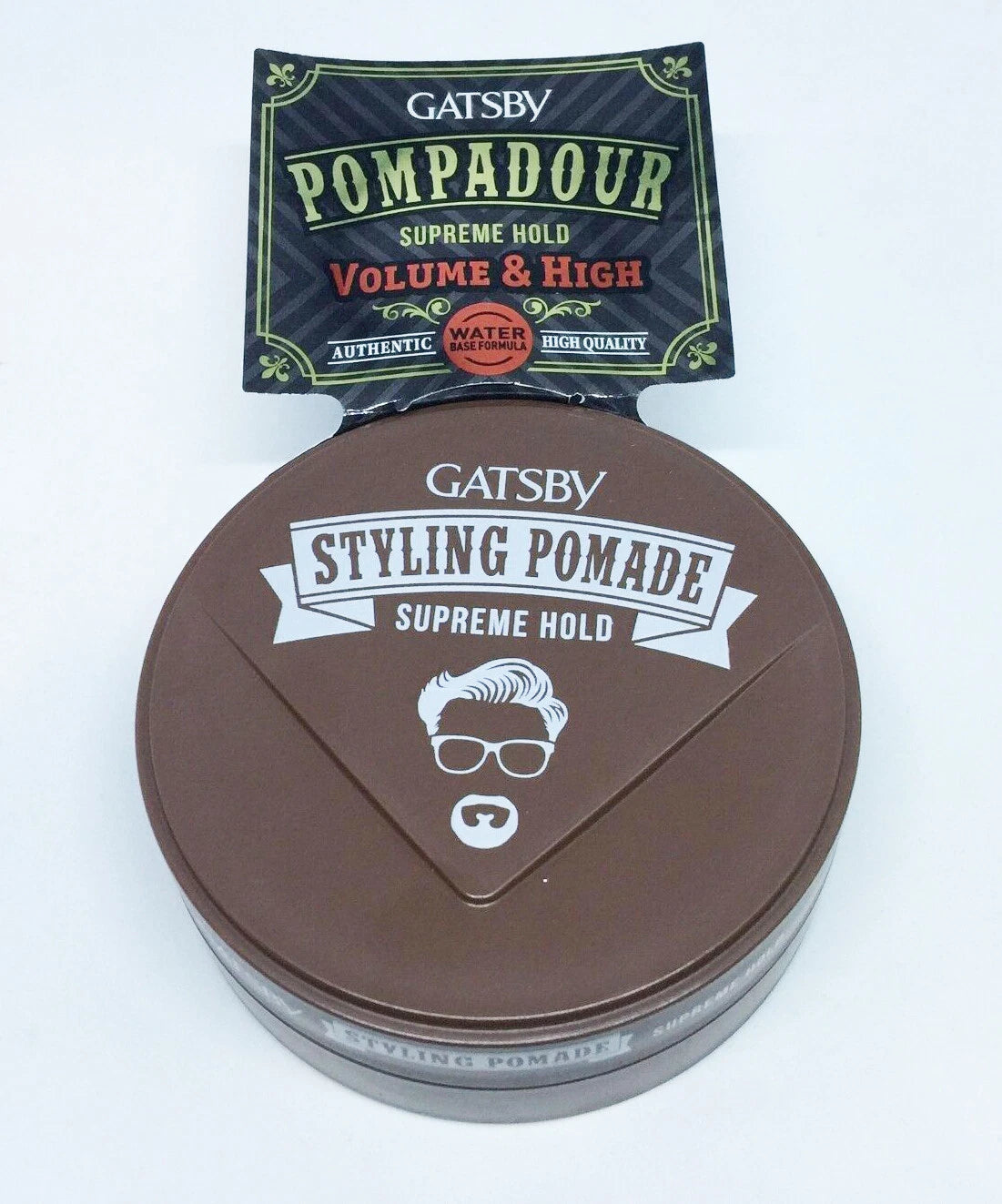 Gatsby Pompadour Pomade styling wax jar with supreme hold and volume label